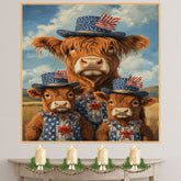 Mother Highland Cow and Three Calves in Patriotic Outfits and Hats with American Flags in a Field Scene on Ready to Hang 1.5" Thick Canvas Wrap, Floating Framed Canvas, Flat Rolled Canvas